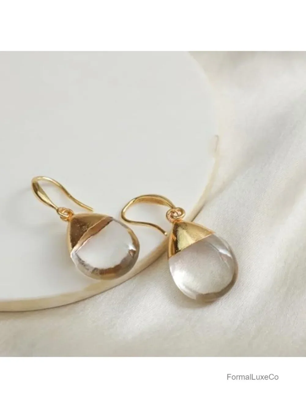 Clear Quartz Teardrop Dangle Earrings, Gold Electroplated, Handmade